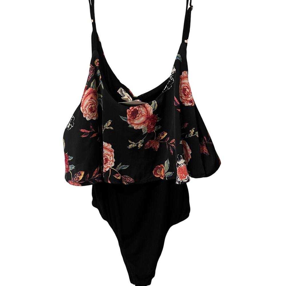 Floral Ruffle Black Bodysuit about a girl Size XL NWT Concert Festival Bohemian